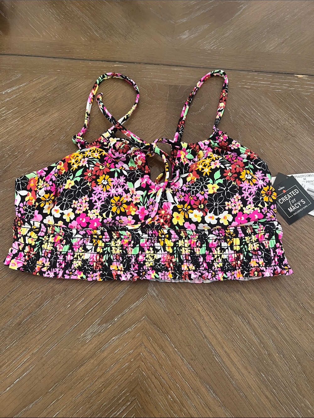 California Waves Black Multicolor Floral Smocked Crop Camisole size Medium